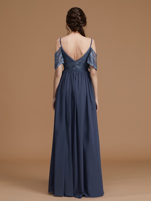 A-Line/Princess Spaghetti Straps Sleeveless Floor-Length Lace Chiffon Bridesmaid Dresses 2543