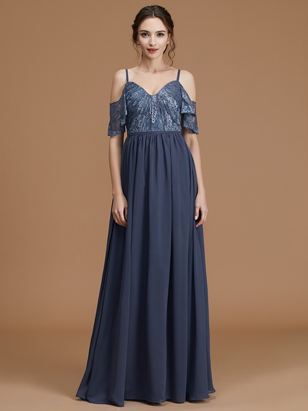 A-Line/Princess Spaghetti Straps Sleeveless Floor-Length Lace Chiffon Bridesmaid Dresses 2543