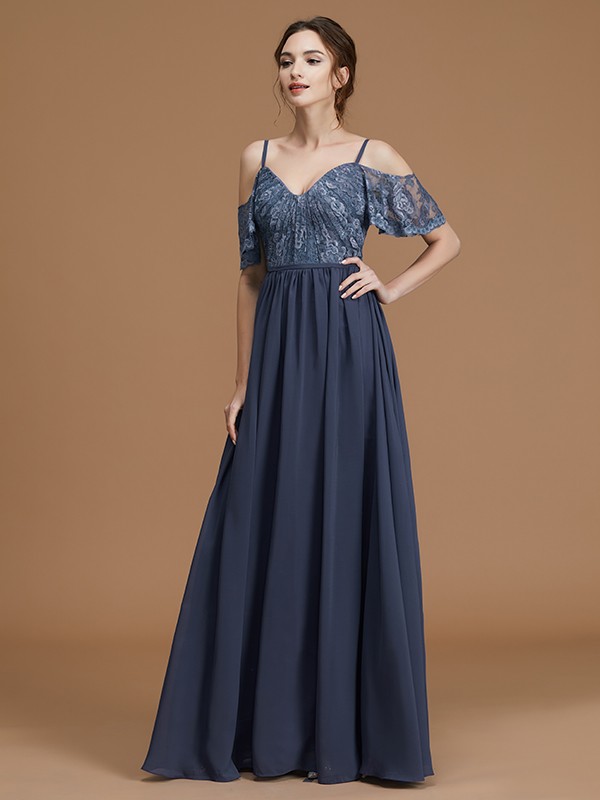 A-Line/Princess Spaghetti Straps Sleeveless Floor-Length Lace Chiffon Bridesmaid Dresses 2543