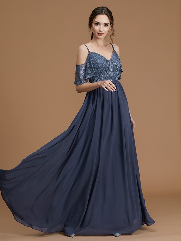 A-Line/Princess Spaghetti Straps Sleeveless Floor-Length Lace Chiffon Bridesmaid Dresses 2543