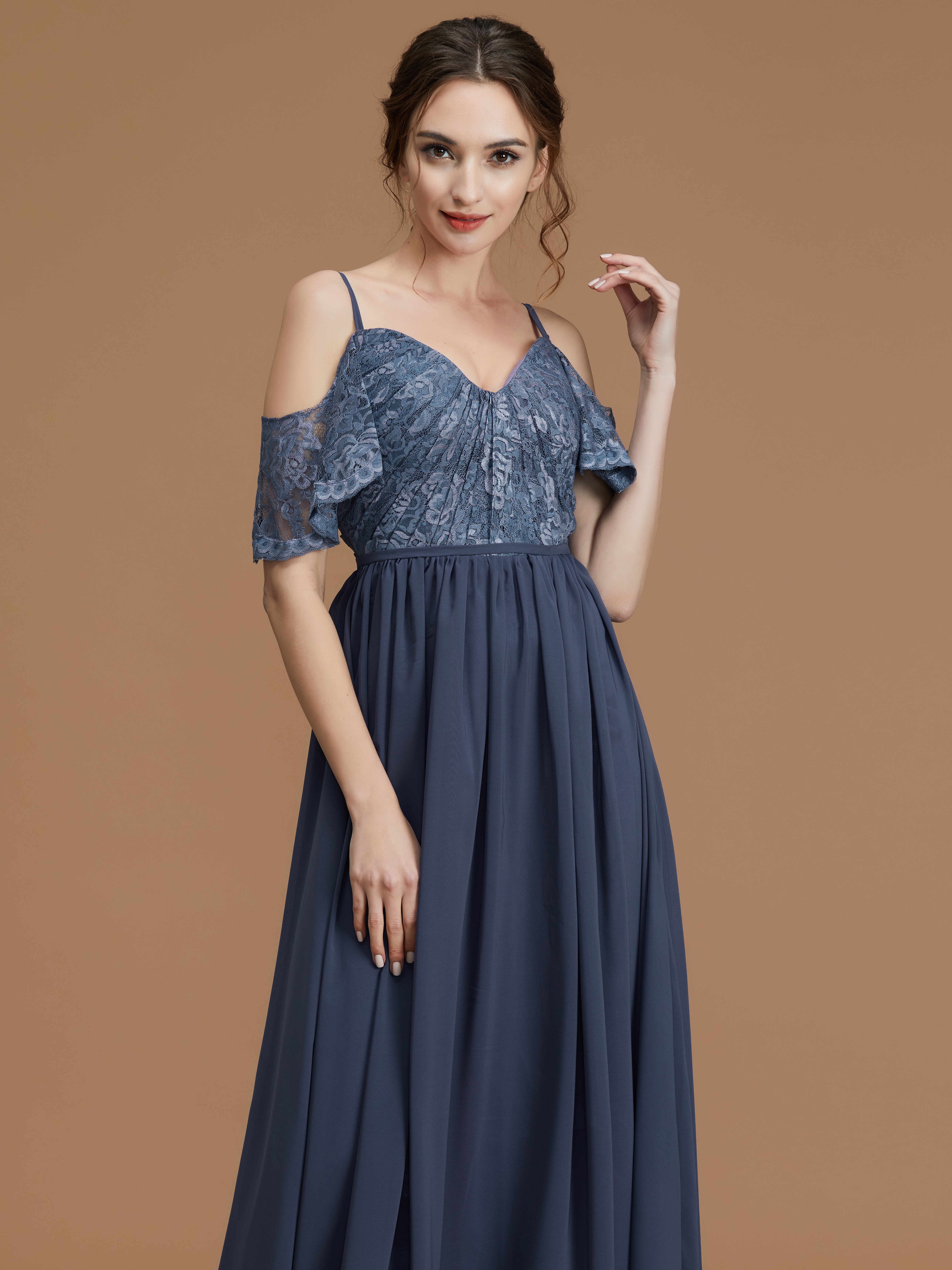 A-Line/Princess Spaghetti Straps Sleeveless Floor-Length Lace Chiffon Bridesmaid Dresses 2543