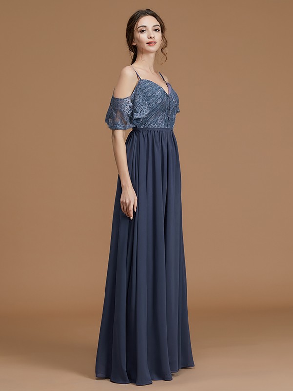 A-Line/Princess Spaghetti Straps Sleeveless Floor-Length Lace Chiffon Bridesmaid Dresses 2543