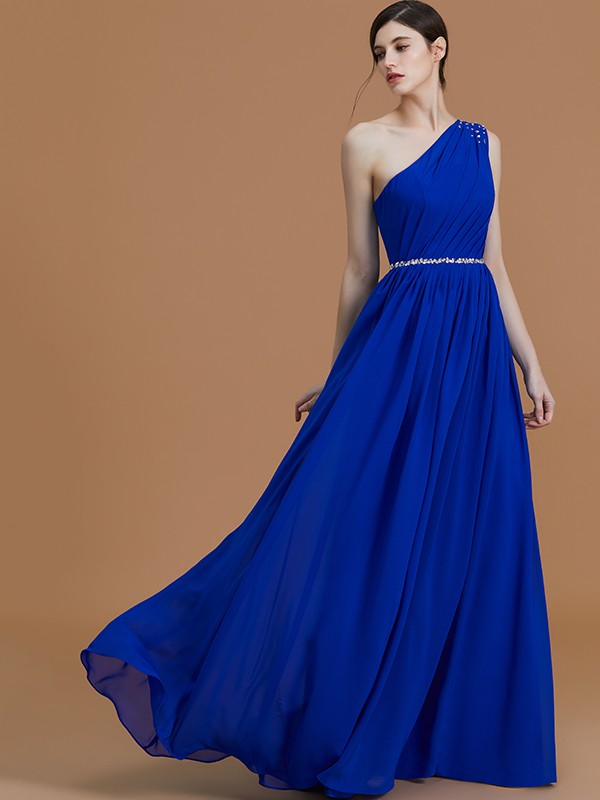 A-Line/Princess One-Shoulder Sleeveless Floor-Length Beading Chiffon Bridesmaid Dresses 2395