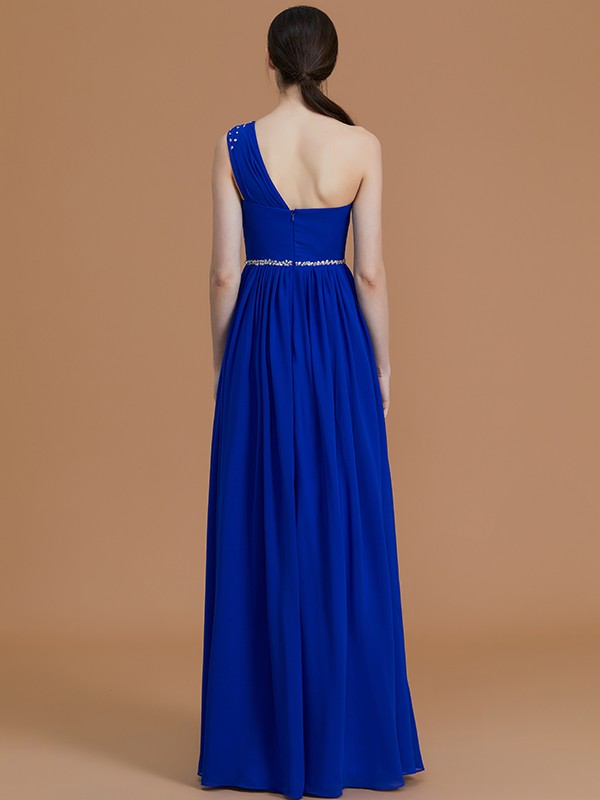 A-Line/Princess One-Shoulder Sleeveless Floor-Length Beading Chiffon Bridesmaid Dresses 2395