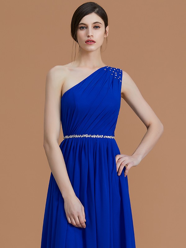 A-Line/Princess One-Shoulder Sleeveless Floor-Length Beading Chiffon Bridesmaid Dresses 2395