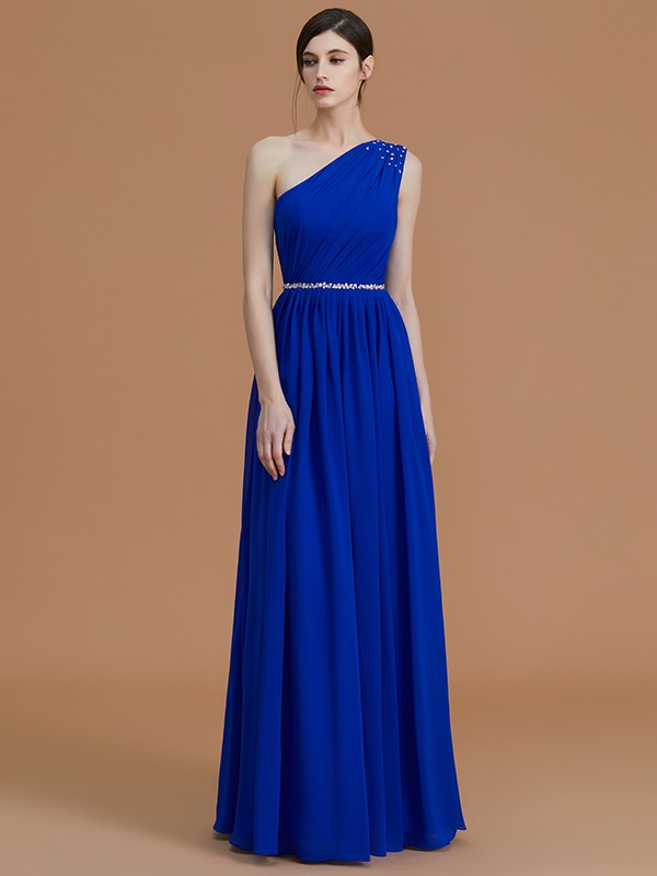 A-Line/Princess One-Shoulder Sleeveless Floor-Length Beading Chiffon Bridesmaid Dresses 2395