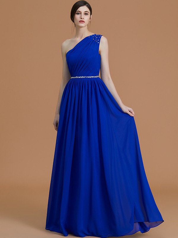 A-Line/Princess One-Shoulder Sleeveless Floor-Length Beading Chiffon Bridesmaid Dresses 2395