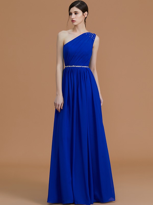 A-Line/Princess One-Shoulder Sleeveless Floor-Length Beading Chiffon Bridesmaid Dresses 2395