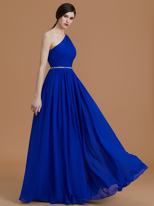 A-Line/Princess One-Shoulder Sleeveless Floor-Length Beading Chiffon Bridesmaid Dresses 2395