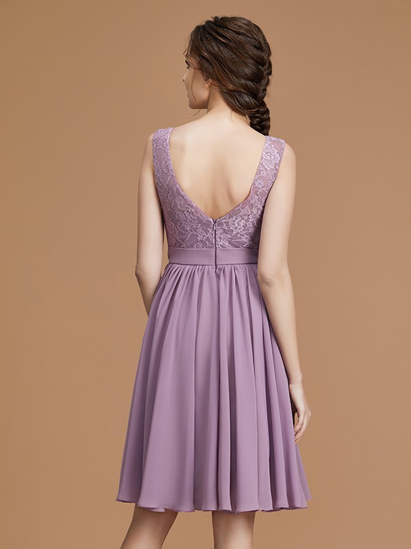 A-Line/Princess Bateau Sleeveless Short/Mini Lace Chiffon Bridesmaid Dresses 2118