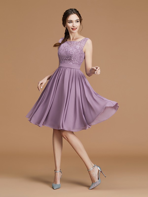 A-Line/Princess Bateau Sleeveless Short/Mini Lace Chiffon Bridesmaid Dresses 2118