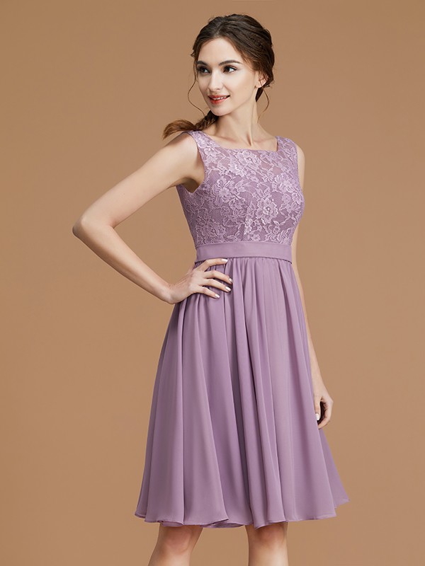 A-Line/Princess Bateau Sleeveless Short/Mini Lace Chiffon Bridesmaid Dresses 2118