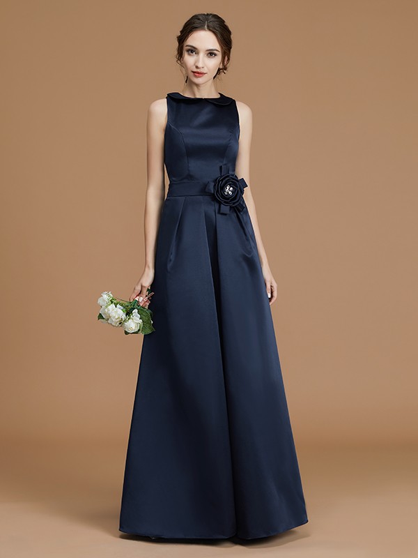 A-Line/Princess Bateau Sleeveless Floor-Length Hand-Made Flower Satin Bridesmaid Dresses 2109