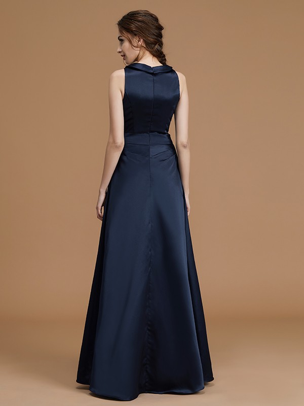 A-Line/Princess Bateau Sleeveless Floor-Length Hand-Made Flower Satin Bridesmaid Dresses 2109