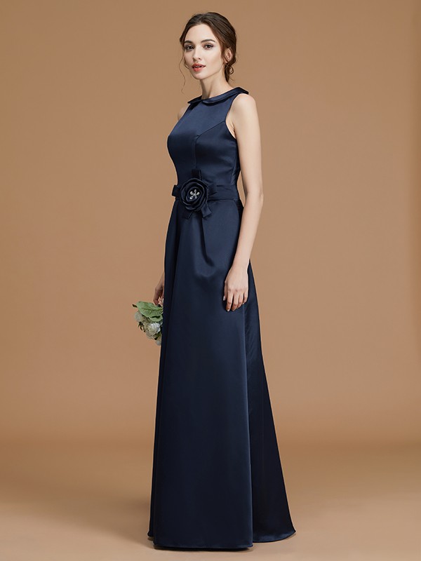 A-Line/Princess Bateau Sleeveless Floor-Length Hand-Made Flower Satin Bridesmaid Dresses 2109