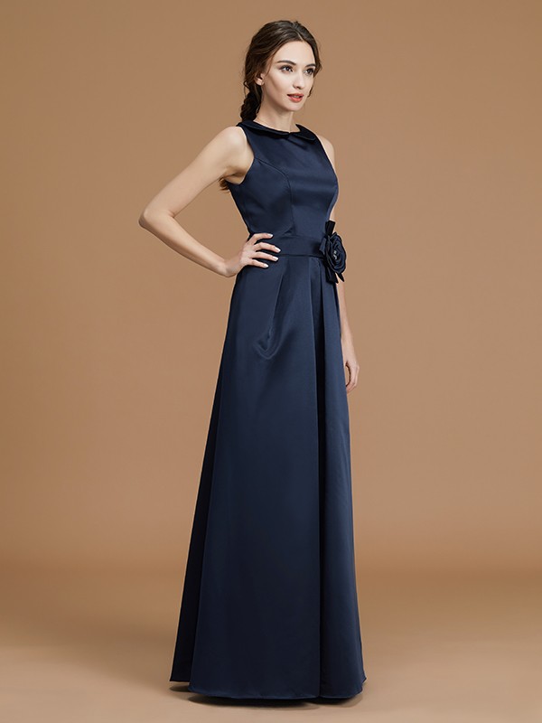 A-Line/Princess Bateau Sleeveless Floor-Length Hand-Made Flower Satin Bridesmaid Dresses 2109