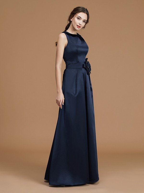 A-Line/Princess Bateau Sleeveless Floor-Length Hand-Made Flower Satin Bridesmaid Dresses 2109