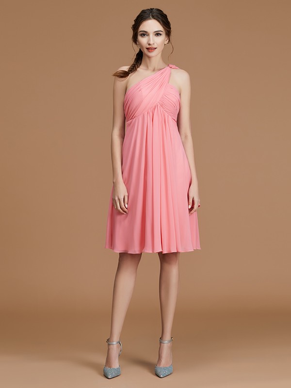 A-Line/Princess One-Shoulder Sleeveless Short/Mini Ruched Chiffon Bridesmaid Dresses 2421