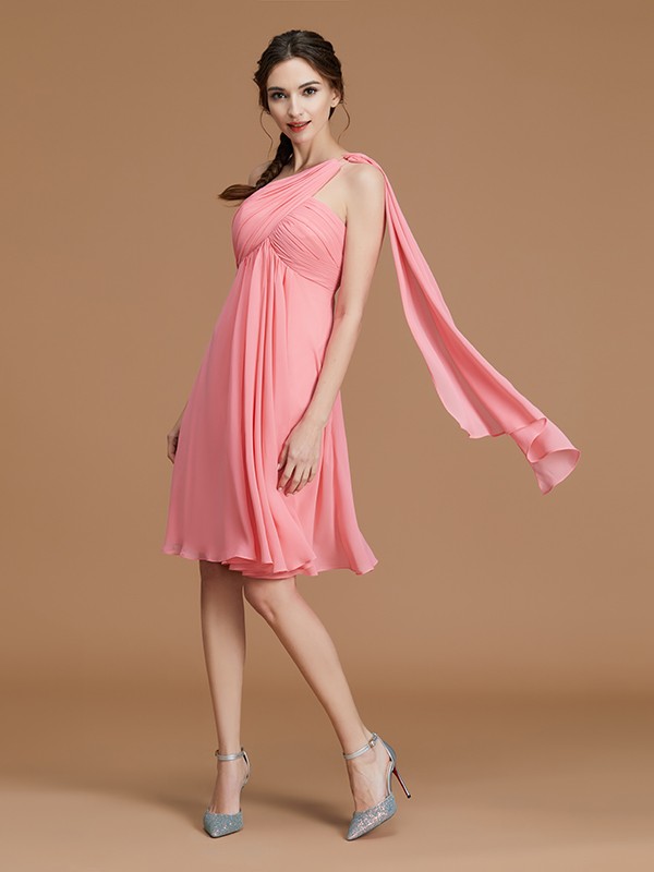 A-Line/Princess One-Shoulder Sleeveless Short/Mini Ruched Chiffon Bridesmaid Dresses 2421