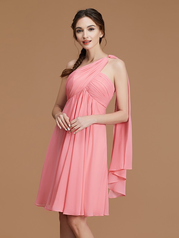 A-Line/Princess One-Shoulder Sleeveless Short/Mini Ruched Chiffon Bridesmaid Dresses 2421