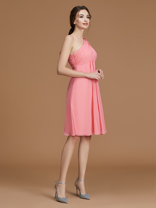 A-Line/Princess One-Shoulder Sleeveless Short/Mini Ruched Chiffon Bridesmaid Dresses 2421