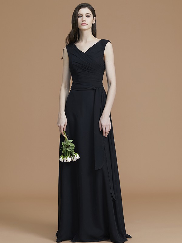 A-Line/Princess V-neck Sleeveless Floor-Length Sash/Ribbon/Belt Chiffon Bridesmaid Dresses 2835