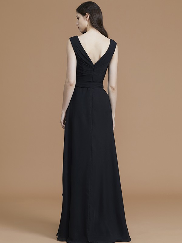 A-Line/Princess V-neck Sleeveless Floor-Length Sash/Ribbon/Belt Chiffon Bridesmaid Dresses 2835