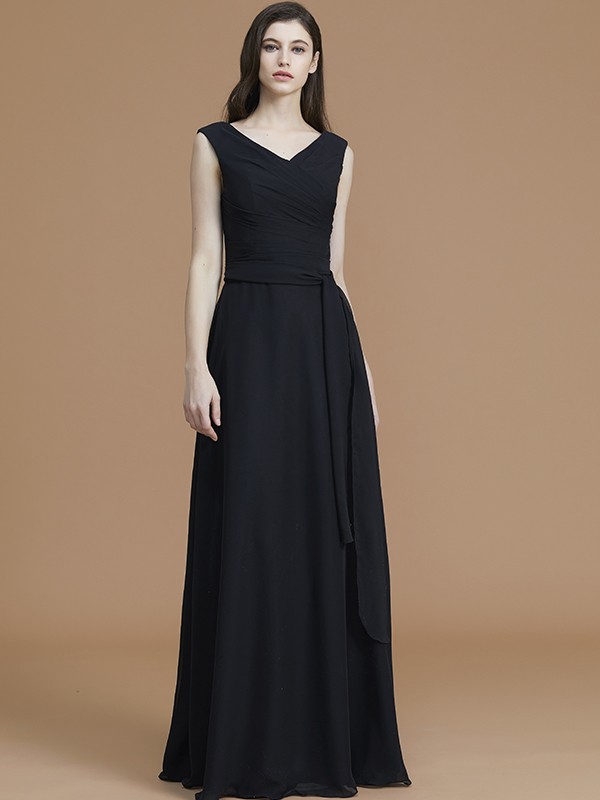 A-Line/Princess V-neck Sleeveless Floor-Length Sash/Ribbon/Belt Chiffon Bridesmaid Dresses 2835