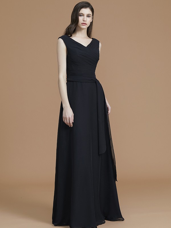 A-Line/Princess V-neck Sleeveless Floor-Length Sash/Ribbon/Belt Chiffon Bridesmaid Dresses 2835