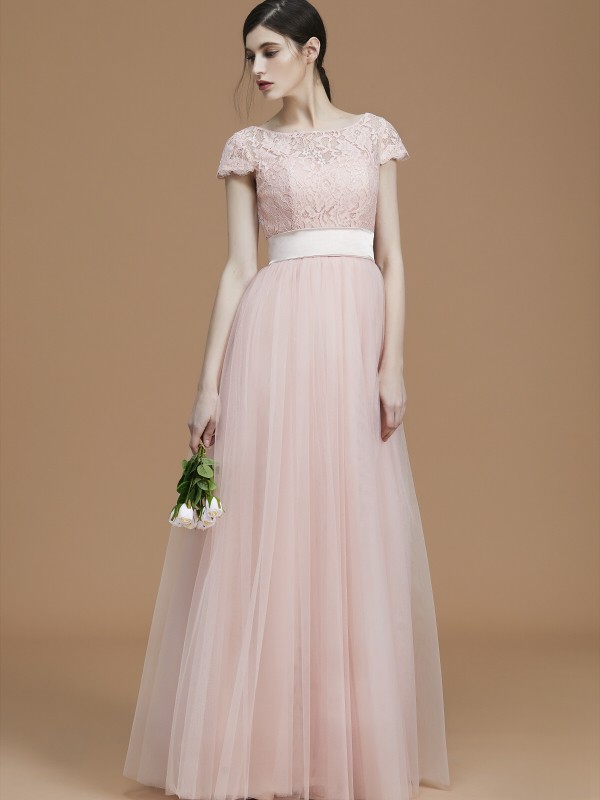 A-Line/Princess Bateau Short Sleeves Floor-Length Sash/Ribbon/Belt Tulle Bridesmaid Dresses 2106