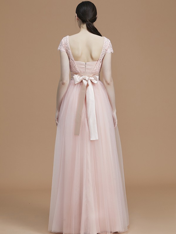 A-Line/Princess Bateau Short Sleeves Floor-Length Sash/Ribbon/Belt Tulle Bridesmaid Dresses 2106