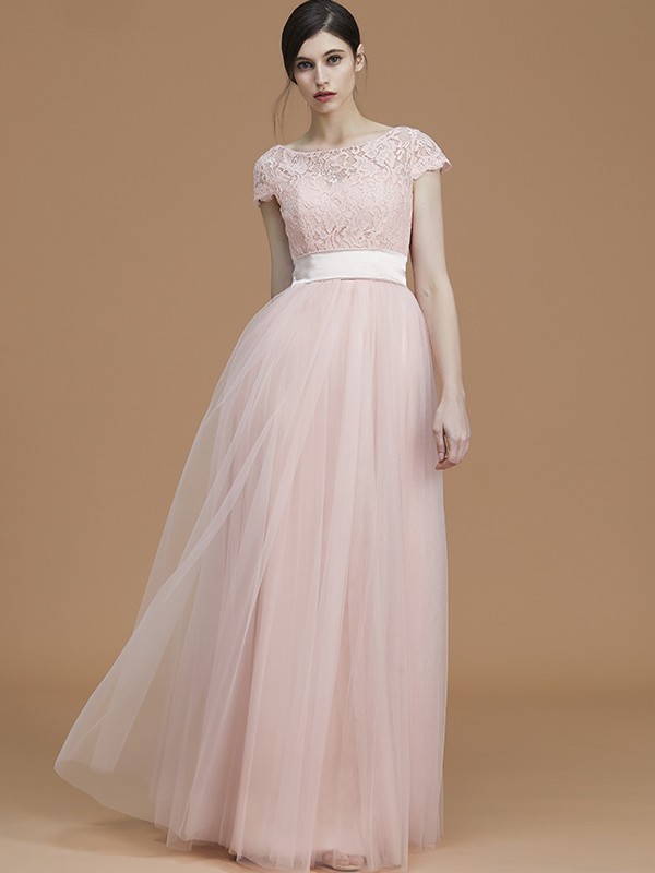 A-Line/Princess Bateau Short Sleeves Floor-Length Sash/Ribbon/Belt Tulle Bridesmaid Dresses 2106