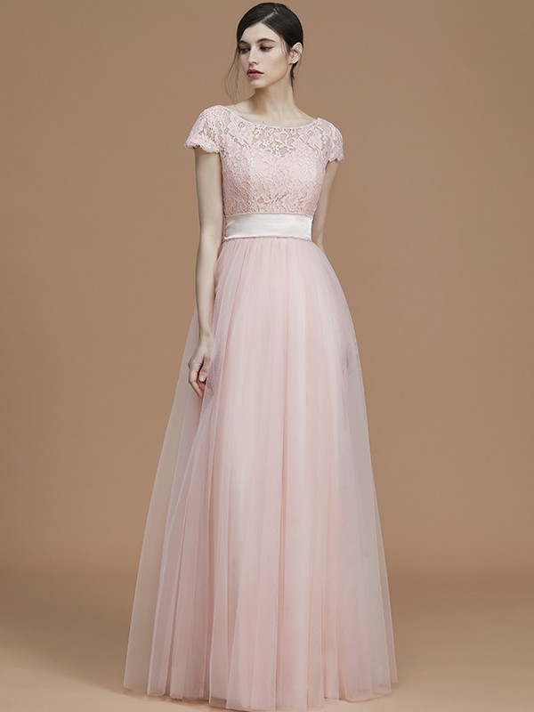 A-Line/Princess Bateau Short Sleeves Floor-Length Sash/Ribbon/Belt Tulle Bridesmaid Dresses 2106