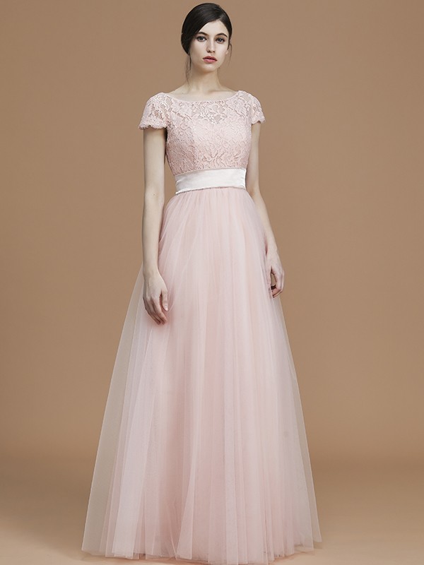 A-Line/Princess Bateau Short Sleeves Floor-Length Sash/Ribbon/Belt Tulle Bridesmaid Dresses 2106