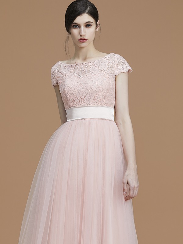 A-Line/Princess Bateau Short Sleeves Floor-Length Sash/Ribbon/Belt Tulle Bridesmaid Dresses 2106