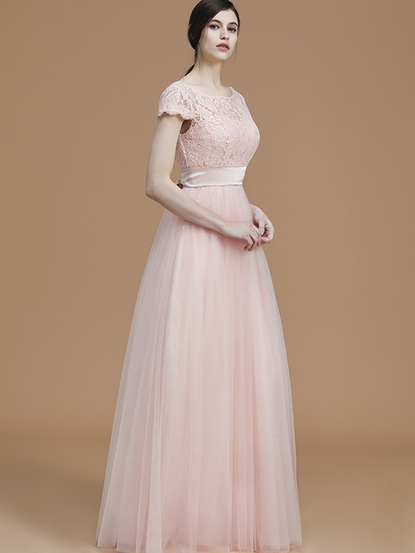 A-Line/Princess Bateau Short Sleeves Floor-Length Sash/Ribbon/Belt Tulle Bridesmaid Dresses 2106