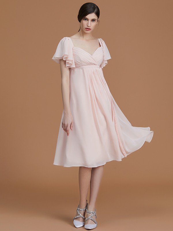 Empire Sweetheart Short Sleeves Knee-Length Ruched Chiffon Bridesmaid Dresses 2866