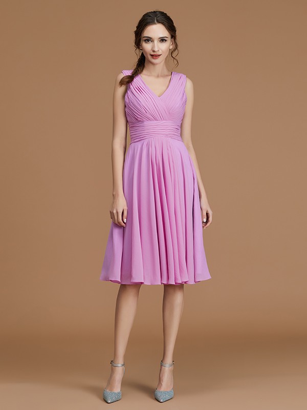 A-Line/Princess V-neck Sleeveless Short/Mini Ruched Chiffon Bridesmaid Dresses 2859