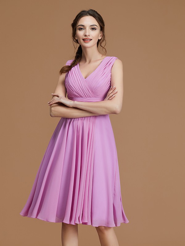 A-Line/Princess V-neck Sleeveless Short/Mini Ruched Chiffon Bridesmaid Dresses 2859