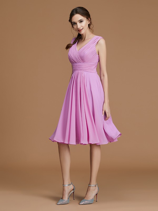 A-Line/Princess V-neck Sleeveless Short/Mini Ruched Chiffon Bridesmaid Dresses 2859