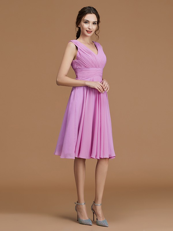 A-Line/Princess V-neck Sleeveless Short/Mini Ruched Chiffon Bridesmaid Dresses 2859