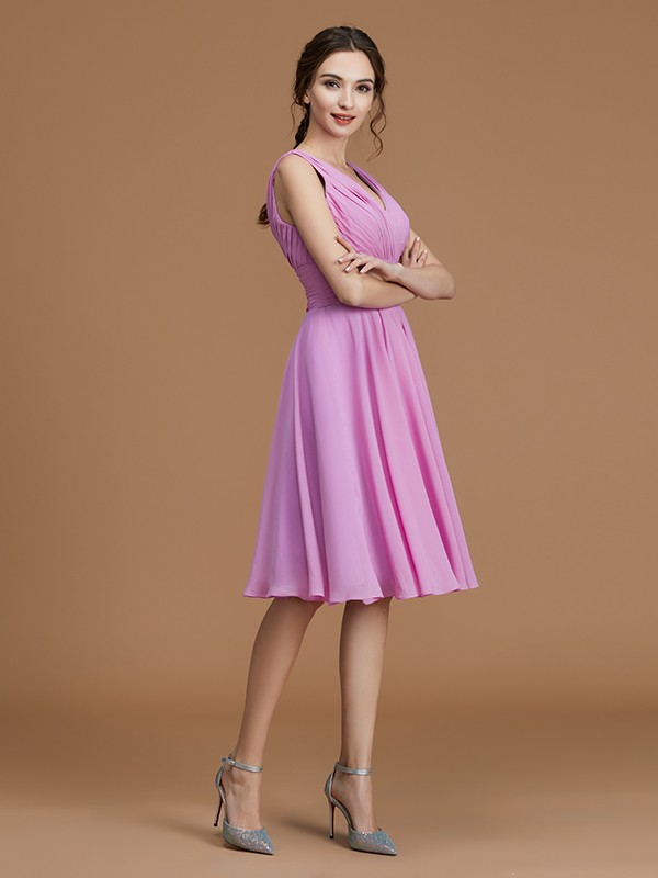 A-Line/Princess V-neck Sleeveless Short/Mini Ruched Chiffon Bridesmaid Dresses 2859