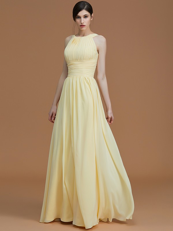 A-Line/Princess Halter Sleeveless Floor-Length Ruched Chiffon Bridesmaid Dresses 2286