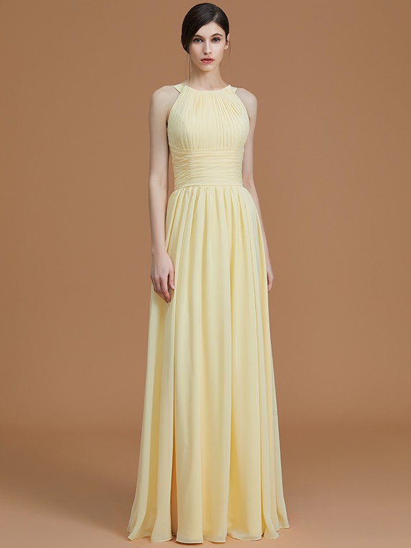 A-Line/Princess Halter Sleeveless Floor-Length Ruched Chiffon Bridesmaid Dresses 2286