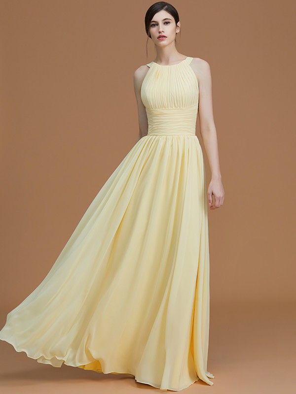 A-Line/Princess Halter Sleeveless Floor-Length Ruched Chiffon Bridesmaid Dresses 2286