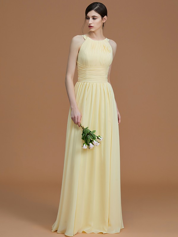 A-Line/Princess Halter Sleeveless Floor-Length Ruched Chiffon Bridesmaid Dresses 2286