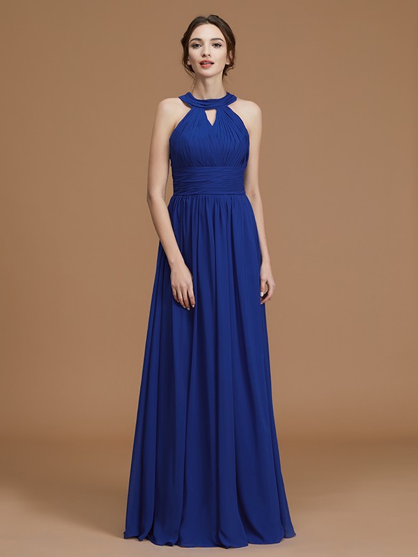 A-Line/Princess Halter Sleeveless Floor-Length Ruched Chiffon Bridesmaid Dresses 2287