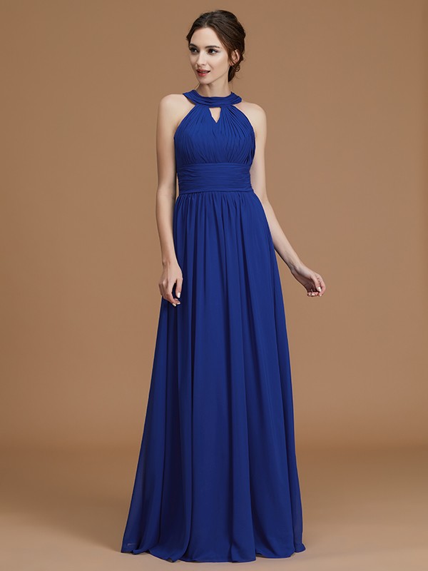 A-Line/Princess Halter Sleeveless Floor-Length Ruched Chiffon Bridesmaid Dresses 2287