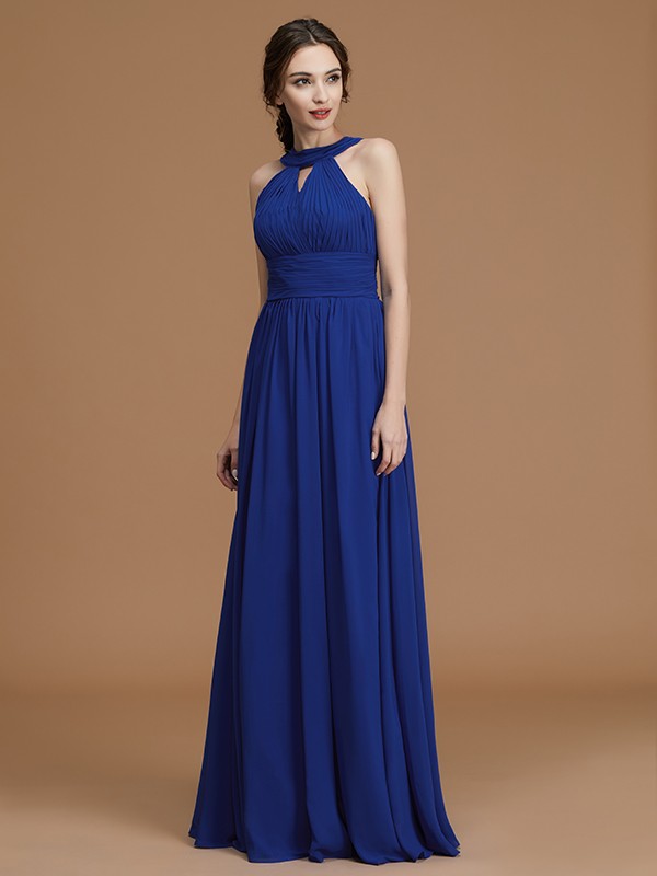 A-Line/Princess Halter Sleeveless Floor-Length Ruched Chiffon Bridesmaid Dresses 2287