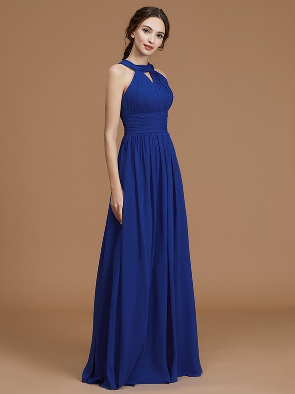 A-Line/Princess Halter Sleeveless Floor-Length Ruched Chiffon Bridesmaid Dresses 2287